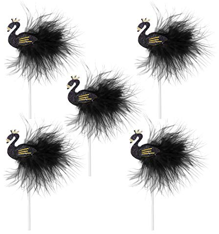 Amosfun Flamingo Kuchen Topper Feder Cupcake Picks Tortenstecker Kuchendeckel Kuchendeko für Baby Mädchen Geburtstag Hochzeit Party Deko 5 Stücke (Schwarz)
