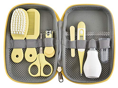 Set per la Cura del Bambino, 8 Pezzi Baby Kit per la Cura del Bebè, Baby Forbicine per Unghie e Capelli, Spazzolini da denti, Tagliaunghie, Ottima Idea Regalo per Nascita o Battesimo (Giallo)