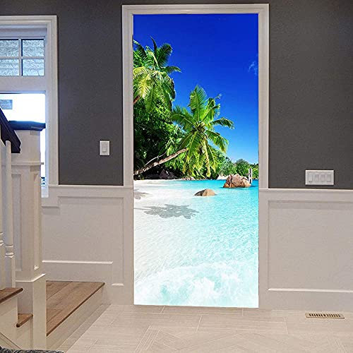 Türtapete Selbstklebend Türfolie Türposter 3D Kokosnussbaum Strand Blau Strand Auf Insel Tropischen PVC Türdeko Tapete Wandbild Türaufkleber Türtattoo Wasserdichte Tapete Wandbild 95 X 215 cm