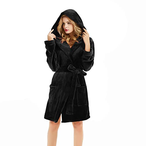 U2SKIIN Women Hooded Dressing Gown, Short Plush Fleece Bath Robes for Womens With Hood Soft Warm Spa Bathrobe (Black-Hooded, 2XL/3XL)