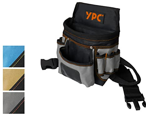 YPC Presto Werkzeug Gürteltasche XL – Werkzeuggürtel, Arbeitsgürtel, wasserfeste Werkzeugtasche mit Hammerschlaufe, reißfester Nylongürtel, 12 Taschen, Grau-Schwarz, 27x21x13cm – 5 kg Tragkraft