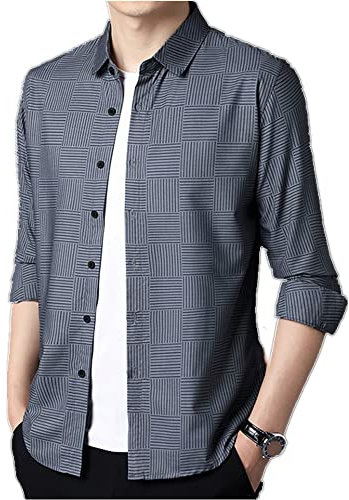 NP Printemps Automne Business Pas de Repassage Manches Longues Plaid Casual Hommes Chemise à Manches Longues Respirant, gris foncé, M