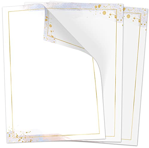 50 Blatt Briefpapier (A4) | Dezentes Aquarell Gold Rahmen | Motivpapier | edles Design Papier | beidseitig bedruckt | Bastelpapier | 90 g/m²