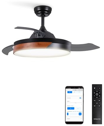 CREATE / WIND CLEAR/Deckenventilator mit Beleuchtung Schwarz und Dunkles Holz mit WLAN und Fernbedienung / 6 Geschwindigkeiten, Sommer-Wintebetrieb, einziehbare Flügel, programmierbar, 40W, Ø108cm