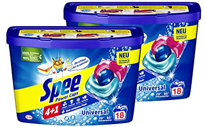 Spee Power Caps Universal 4 + 1 36 WL (2 x 18 Waschladungen), Vollwaschmittel für helle und weiße Wäsche, vordosiertes Waschmittel vereint Reinheit, Strahlkraft, Frische & Nachhaltigkeit