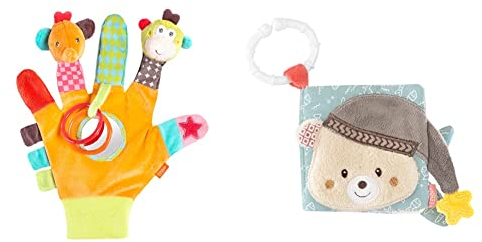 Fehn Spielhandschuh Safari – Fingerpuppen Baby Spielzeug AFFE und Elefant zum Greifen und Geräusche erzeugen & Soft Bilderbuch Bruno – Baby Fühlbuch aus Stoff mit Tier Motiven