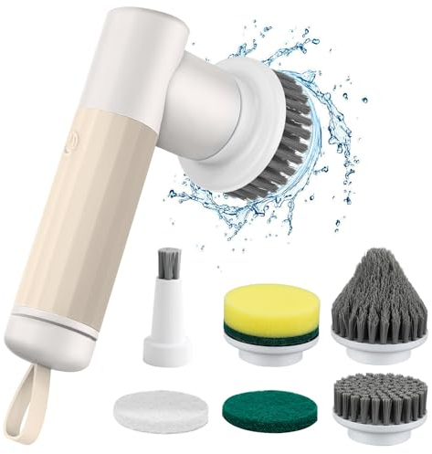 SHGUMITE Electric Cleaning Brush with 6 Replacement Brushes, Cleaning Brush Electric 360° Power Spin Scrubber Cordless, 2 Setting Speeds Suitable for Kitchen Sink/Bathroom Glass/Tile Floor