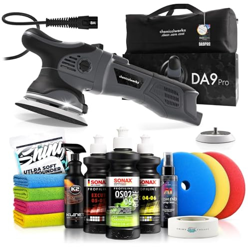 Poliermaschinen Set: chemicalworkz DA9 Pro Exzenter Poliermaschine + Sonax Politur Set + Royal Pads Premium Polierpads + Dr. Wack Lackversiegelung + Zubehör | 14-teilig