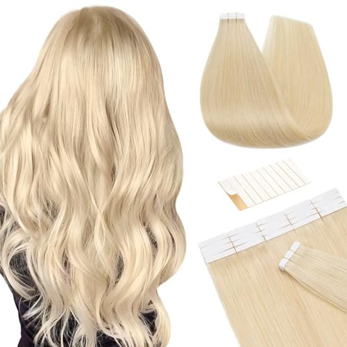 TESS Echthaar Extensions Tape 35 cm, über die Schulterlänge hinaus Tape Extensions Echthaar Skin Weft 10 Stück 20g Glatt Haarverlängerung Echthaar #613 Lichtblond