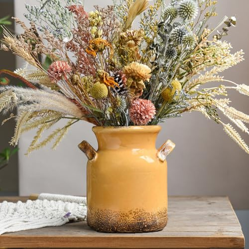 Quoowiit Ceramic Rustic Farmhouse Vase, Distressed Decorative Flower Vase for Home Decor, Ideal Shelf Decor, Yellow Boho Vases for Living Room Bedroom Kitchen Office Centerpiece Table Decorations