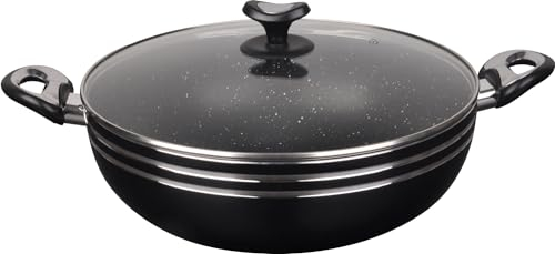 Catergold Premium Non-Stick Wok Karahi Pan Traditional Style with Glass Lid Aluminium Flat Bottom Suitable for All Hob Induction (30cm Side Handles)