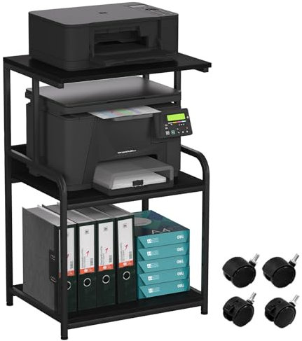 3-stöckiger Druckerständer, Druckertisch mit Rollen, Metall Druckerwagen, Druckerregal für Büro, Zuhause, Schule und Arbeitszimmer, Druckerschrank für Fax, Kopierer, Scanner (Reines Schwarz)
