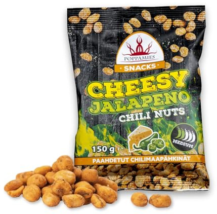 Poppamies Cacahuates con Queso y Jalapeño - Frutos Secos Picantes son una Excelente Opción para Merendar - Sin Gluten - Picante: Medio - 150g