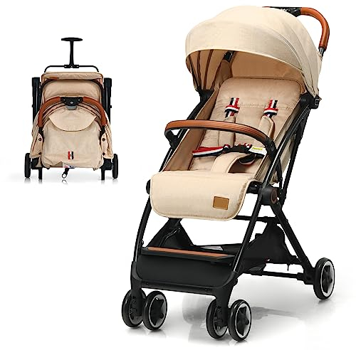 COSTWAY Kinderwagen einhand faltbar, Kinderbuggy mit verstellbare Rückenlehne & Verdeck, Reisebuggy mit Liegefunktion, 5-Punkt-Sicherheitsgurt für Baby bis 3 Jahren, 15 kg Belastbar (Beige)