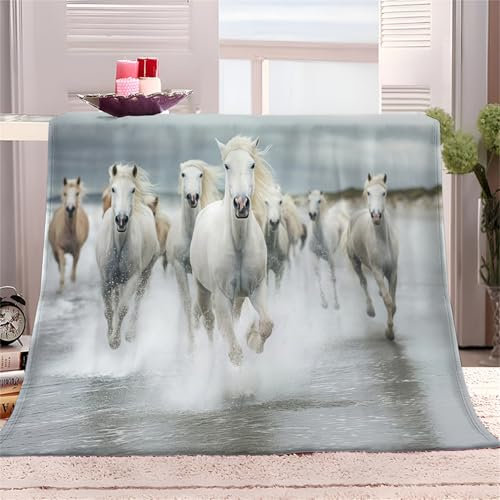 Flauschige Kuscheldecke Couch Decke XXL 150x200cm Tier Galoppierendes Pferd Fleecedecke Tagesdecke - Leichte Ganzjahresdecke, Weiß Decken für Sofa Bett, Weiche Decke Für Kinder Erwachsene