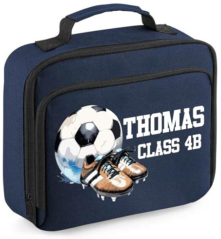 Personalised Football Lunch Box for Kids Boy Girls Footie Custom Name Class Back to School Nursery Bag, 24cm x 20cm x 8cm, Navy