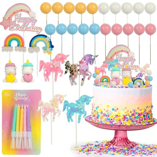 NVGVUP 30 Pcs Unicorn Cake Topper, Rainbow Party Decorations, Macaron Cake Decorations, Cloud Balloon Happy Birthday Topper for Birthday, Baby Shower, Wedding, Party
