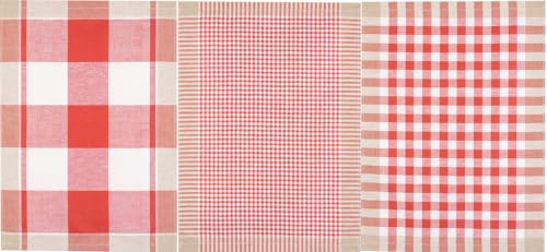 Kracht 3er-Pack Geschirrtuch Halbleinen, Karo Sortiert, rot, 50x70cm