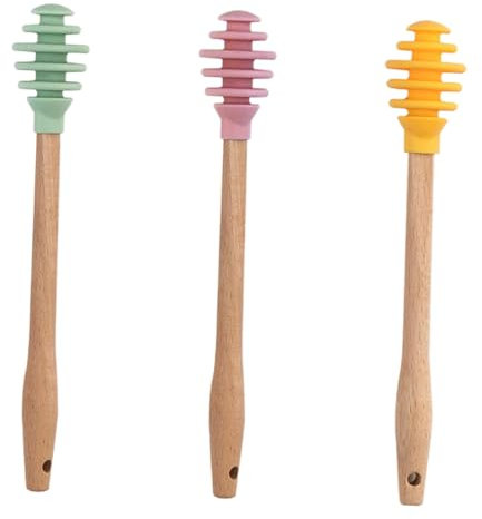 KICHOUSE Varillas para Miel De Silicona 3 Piezas Colores Surtidos Pequeño Tamaño Silicona y Madera para Miel y Jarabe Uso Doméstico y Gastronómico Set 3 Unidades (Amarillo, Rosa, Verde
