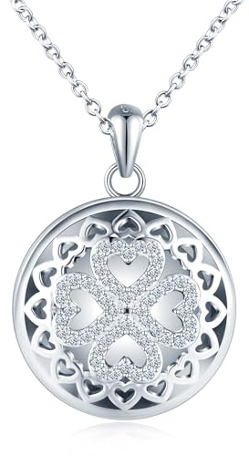 MICMIF Plata de ley 925 Collar Medallón Trébol con Circonita para Foto Personalizada, Colgante Hueco Redondo con Cadena 45+5cm, Joyería Memorial Fotografía Locket para Mujer Niña Mamá