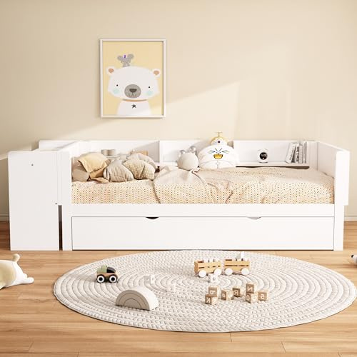 REXO 90×200cm, Cama baja, con cama extraíble, con escritorio, TRES estantes a un lado de la cama (Blanco)