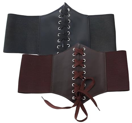 TAIZER Black Corset belt 2 Pieces Vintage Lace-up Elastic Waist Belt Girls Wide Elastic Belts Women Elastic Lace-up Corset Belt Tied Steampunk Retro Width Corset Belt for Halloween Party