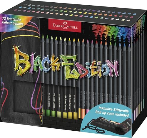 Faber-Castell 116418 - Buntstifte Set mit Stifte Rolle, 72 Black Edition Buntstifte, inkl. Metallic- und Neonfarben
