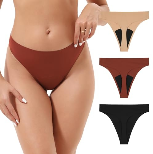 INNERSY Period Pants Thong Light Flow Menstrual Underwear Seamless Knickers String Panties 3 Pack (12, Black/khaki/Reddish-brown)