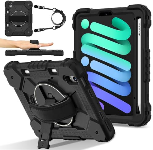 Voyage sur tablette Étui compatible avec iPad Mini 7 (A17 Pro) 2024/Mini 6 8,3 pouces 2021 avec porte-crayon, support de poignée multifonction rotatif à 360 degrés + bandoulière, étui de protection an