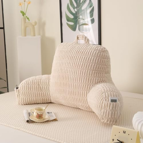 PAJEO Reading Pillow for Sitting in Bed with Arm Rests,100% 7D Fiber Filling Husband Pillow for Back Support,Oeko-TEX Certified Backrest Pillow for Couch & Floor(17,White Corduroy)