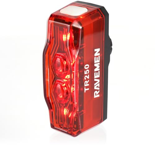 RAVEMEN TR250 250 Lumen Luce Posteriore per Bici 6 Modalità Notte e Giorno, Ideale per viaggi su strada e Urbano Ciclismo, USB-C Ricaricabile Impermeabile IPX6 Campo visivo di 280°