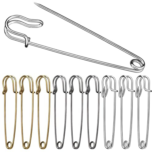 BUOKKON 30Pcs 3 Large Safety Pins, Three Colors Heavy Duty Safety Pins Assorted Stainless Steel Safety Pin for Blankets, Jewelry Making, Clothes, Leather Canvas, Nappy Pins
