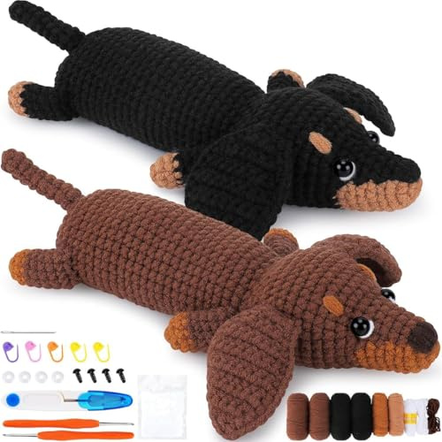 GONZTEL Set Uncinetto per Principianti, Kit Completo con Schema Bassotto, Video Tutorial Passo-Passo, Amigurumi Kit per Creare Bassotto in Marrone e Nero