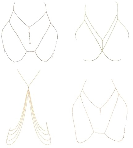 DAVBNM 4PCS Body Chains for Women, Waist Chain Bikini Beach Bra Chain, Sexy Beach Rave Party Body Jewelry for Women and Girls Summer Gifts (Gold)