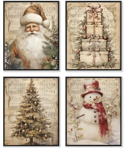 Dazzlewall 4pcs Christmas Wall Art Painting, Santa Claus Christmas Tree Artwork Print Xmas Gift Pile Snowman Wall Decor for Winter Home, 8x10 in Unframed