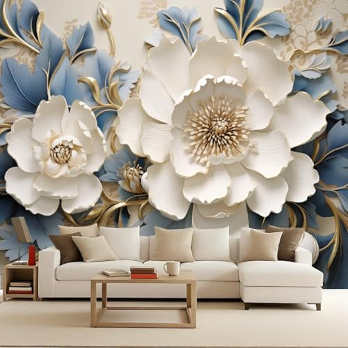 Carta da Parati in Tessuto Non Tessuto 200x140 cm 3D Marmo Fiori Rilievo Rosa Peonia Murale Moderna Fotografica Wallpaper Opaco Impermeabile Per Soggiorno Camera Letto Sala Ufficio Decorazione