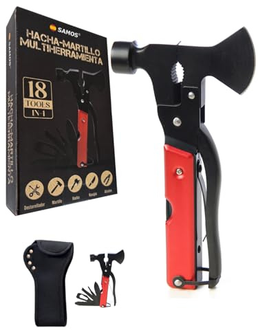 Samos® Regalos origianles para Hombre, Multiherramienta 18 en 1 – Regalo para Hombre Multiusos con Martillo, Hacha, Alicates, Destornillador, etc para Camping, Emergencias y Kit Supervivencia Militar