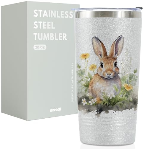 Onebttl Bunny Gifts for Women/Men, Bunny Glitter Tumbler 20oz with Lid and Straw, Rabbit Lover Gifts for Easter, Birthday, Christmas