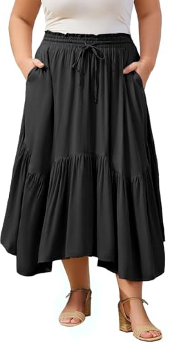 Moon Wood Women's Plain Maxi Skirts Elasticated High Waist Long Skirt Boho Ladies Tiered Flowy A Line Skirts Plus Size Ruffles with Pockets Black XXL