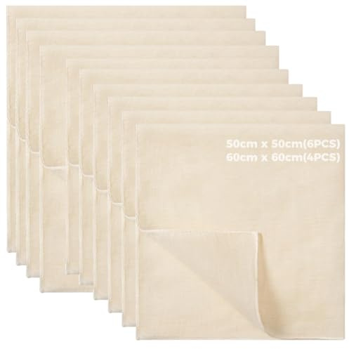 10 Pièces Étamine Alimentaire, 50x50cm & 60x60cm Tissu Ourlé Mousseline Alimentaire, Chiffon à Fromage, Lavable Réutilisable, Idéales pour Filtrer tofu Fromage Beurre Jus Lait de Noix Thé Épices