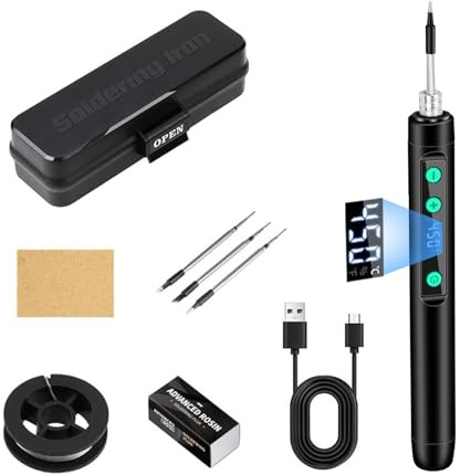 Fer à Souder Sans Fil, Kit de Soudure Complet Portable, Fer à Souder Rechargeable USB, 3 Pointes de Soudage, Fil à Souder, Pâte à Souder, Fer à Souder à Piles pour Réparations de Soudure (Noir)