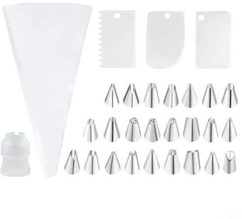 Jotekonoby Set di 28 sac à poche riutilizzabili con 24 beccucci in acciaio inox, sac à poche in cotone da 35 cm, per decorare torte, kit di tubazioni da forno, lavabili in lavastoviglie (sku)