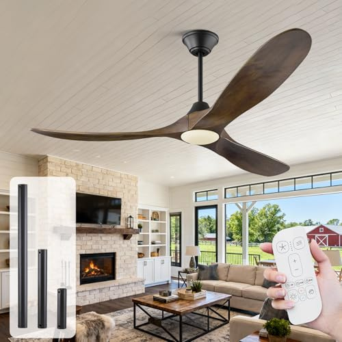 MSHENUED 132 cm Deckenventilator mit Licht und Fernbedienung, rustikaler Außenventilator mit 3 Holzflügeln in Walnuss, hoher Luftstrom und leiser Lauf für Innen-/Außenbereich, dunkles Walnussholz