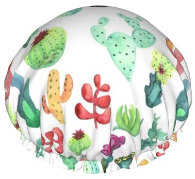 Watercolor Cactus Succulents Double Layer Elastic Waterproof Shower Cap Reusable Bath Cap
