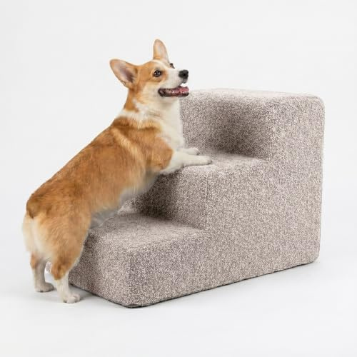 murando - Scala per Cani Piccoli - 3 Gradini - 30 cm - Scaletta per Cani e Gatti - Scale per Cane - Rampina in Schiuma con Antiscivolo per Letto Matrimoniale - Copertura Sfoderabile - Bouclé - Grigio