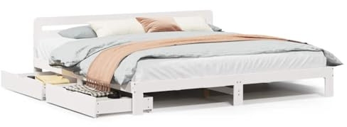 Foknhdi Massivholzbett 180x200 cm Kiefernholz Weiß Lattenrost & 2 Bettschubladen Modernes Design Robust und Langlebig für Schlafzimmer Gästezimmer Jugendzimmer