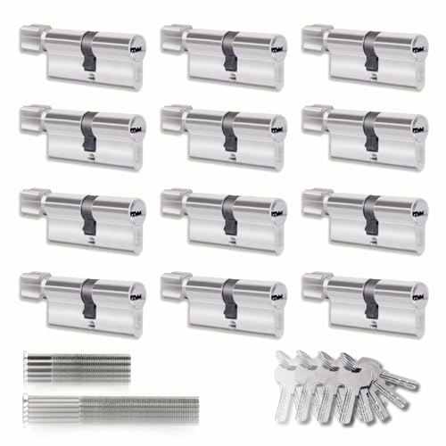 Set of 12 Cylinder for Locks 45/45 mm, Cylinder with Knob, Screws and Keys Included, Easy Assembly, Lock for Doors and Garages, Anti-Drilling, Single Key, Length 90 mm