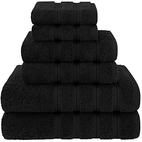 American Soft Linen Luxury 6 Piece Towel Set, 2 Bath Towels 2 Hand Towel 2 Washcloths, 600 GSM 100% Cotton Turkish Towels for Bathroom, Black Towel Sets