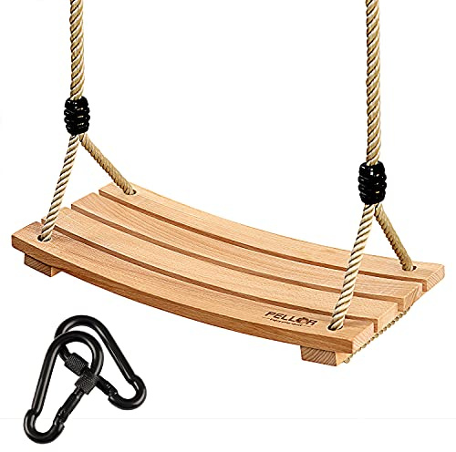 Tree Swing, PELLOR Wood Swing for Kids, Curved Wooden Swing Sets for Backyard, 220 Lbs Load Hanging Carbonized Wood Swing, Heavy Duty Outdoor Swing for Adults, Height Adjustable (16.7 x7.9 x0.6 in.)