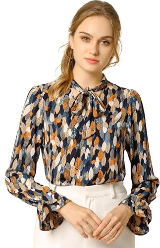 Allegra K Camiseta Floral Cuello En V con Corbata Manga Larga Trompeta Blusa para Mujeres Naranja Azul S